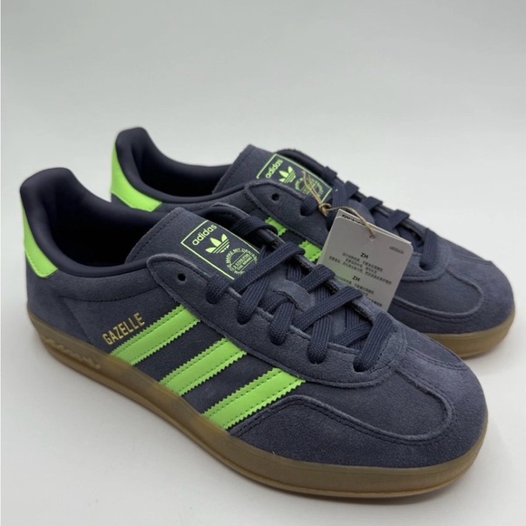 Adidas Originals Gazelle Indoor Men’s 9.5 Gray Neon Green Gum Sole Sneakers NIB - Picture 4 of 6
